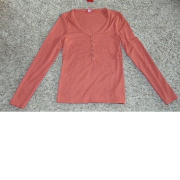 Womens Guess Henly Shirt Large Orange Ribbed Long Sleeve Scoop Snap Neck Top - Picture 2 of 5
